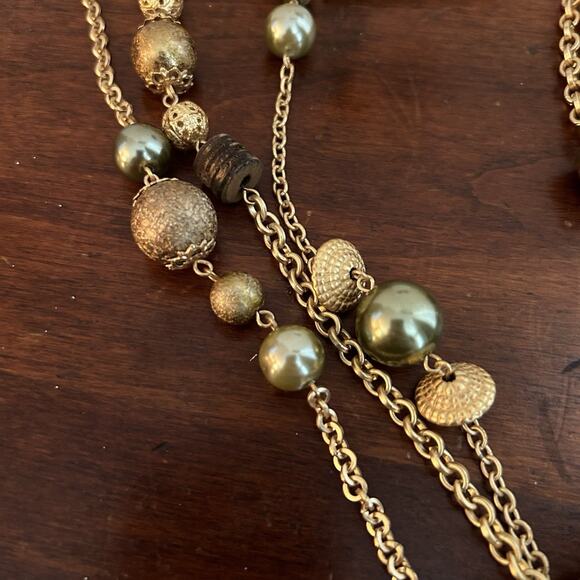 Gold Tone Three Strand Necklace w/ Matching Earrings Mixed Textures Boho Style - Picture 3 of 6